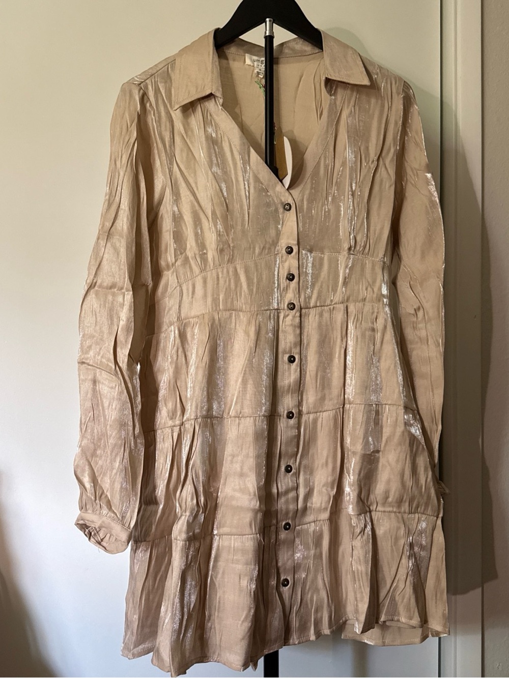 Umgee Women's Beige Satin Button-Front Collared Long Puff Sleeve Shirt Dress S
